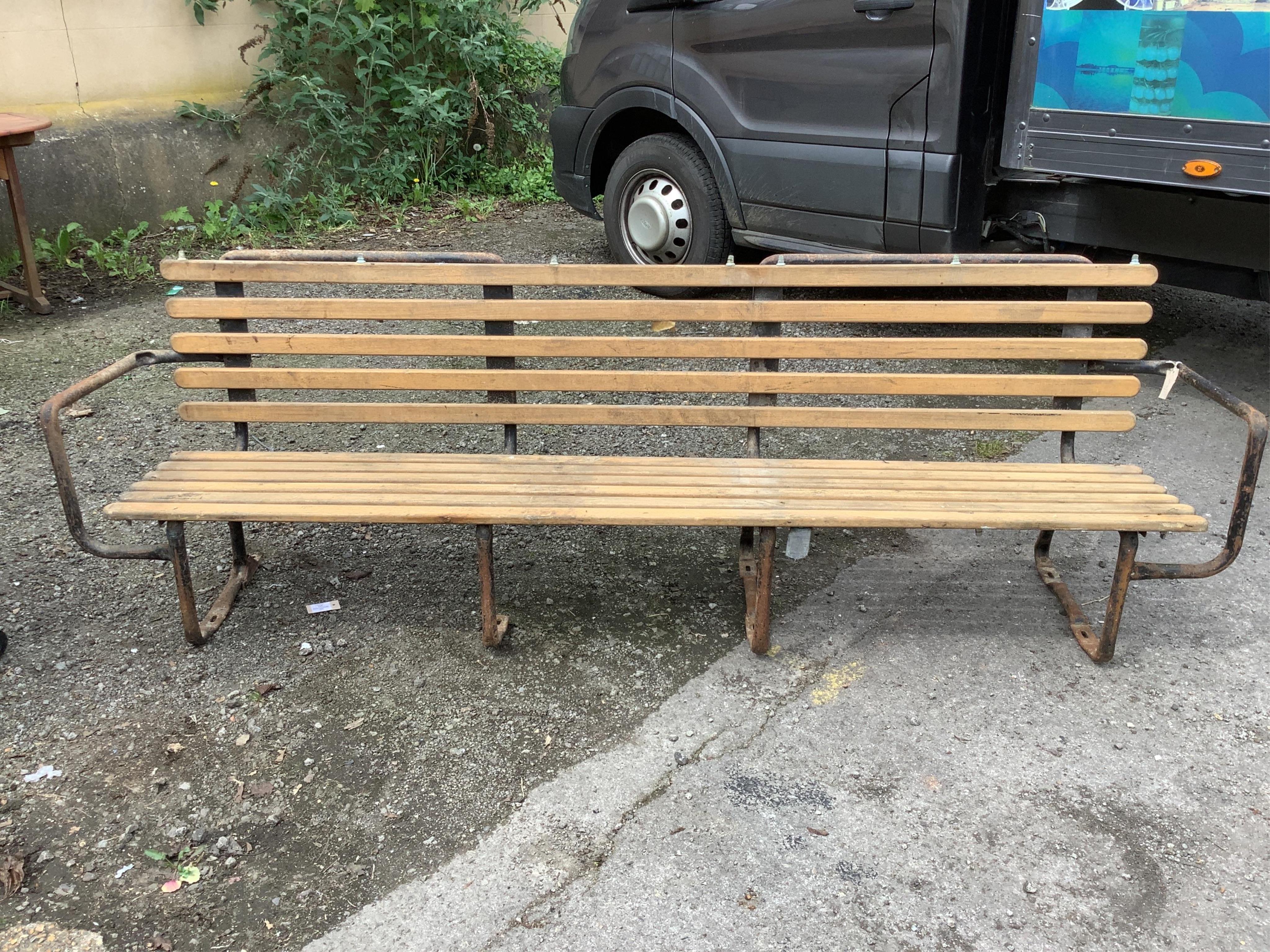 A mid century metal and slatted wood marine deck bench, width 230cm, depth 44cm, height 73cm